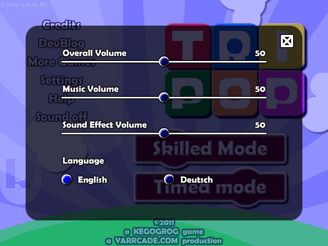 The TriPop settings screen